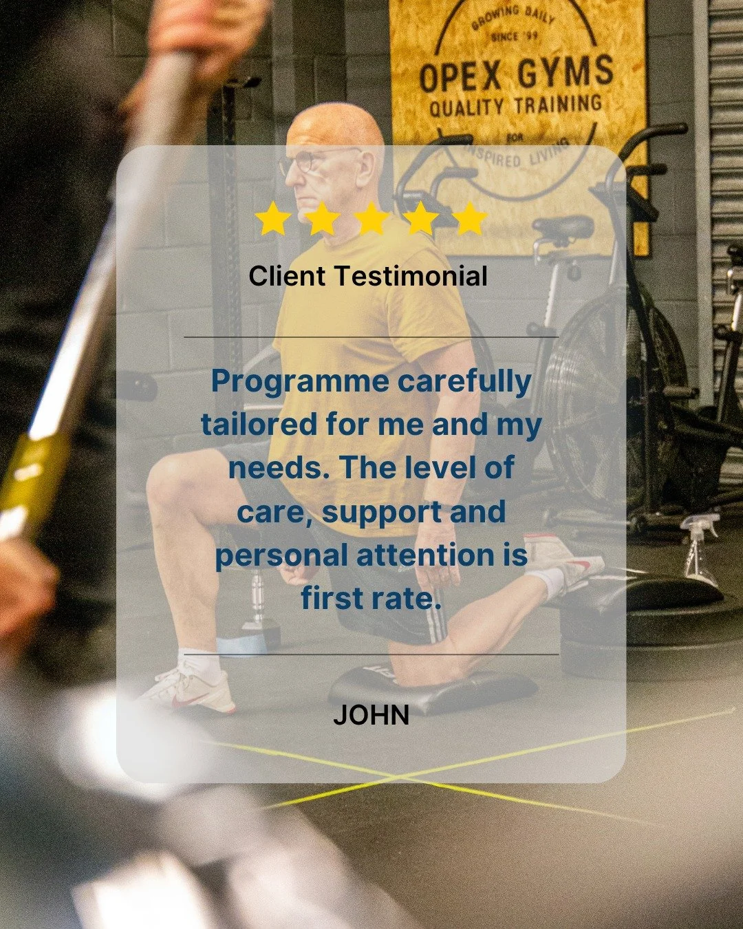 📣 CLIENT TESTIMONIAL - John
🌟 Full Google Review 👇 

"Cannot recommend this gym enough. Programme carefully tailored for me and my needs. The level of care, support and personal attention is first rate. My fitness and shape after 4 months is 