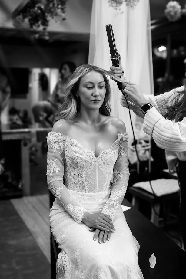 black and white photo of bride