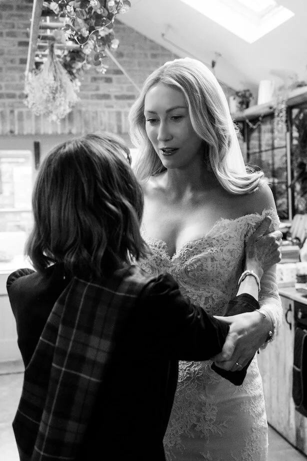 black and white photo of bride