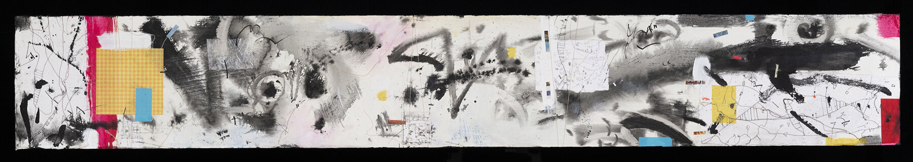 Tremaine; Acrylic, Rice paper, and Fiber on Wood panel 12x79” 2021 