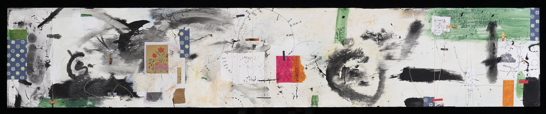  Wessex; Acrylic, Rice paper, and Fiber on Wood panel 15x79” 2021 