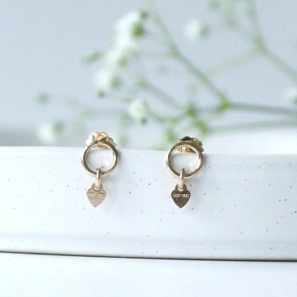 Gold small circle studs with tiny hearts