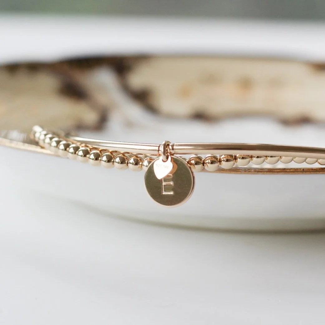 Gold filled double wrap bracelet with mini disc/tiny heart (can be personalised)