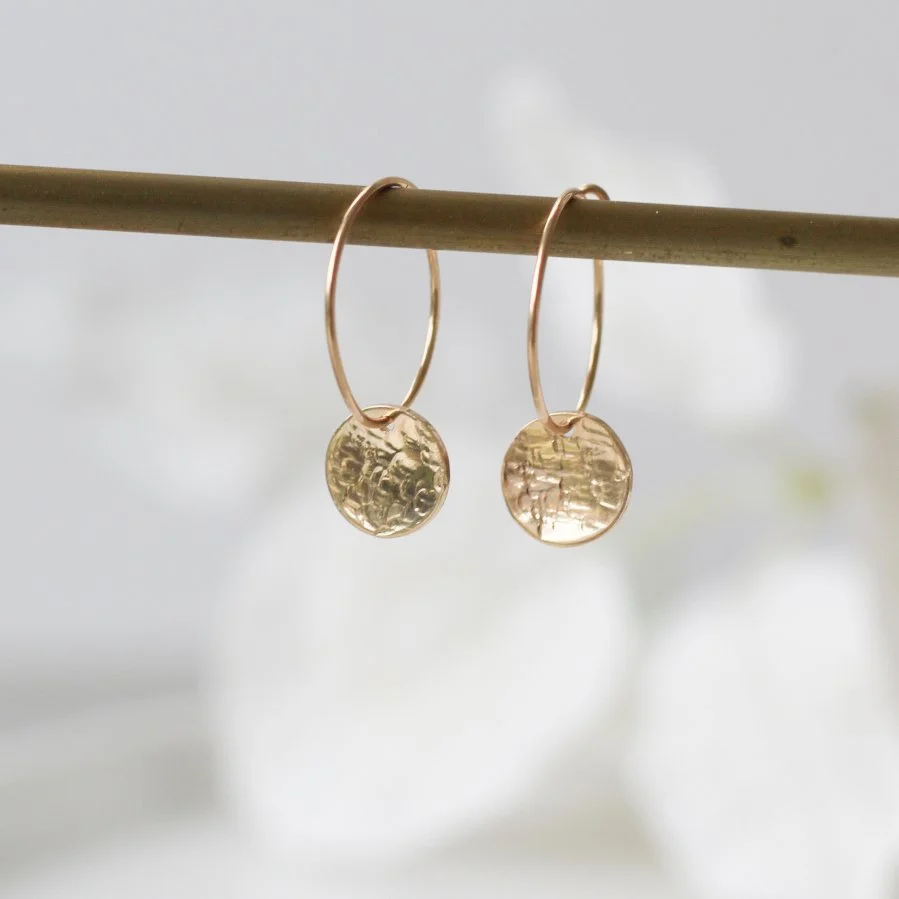 Gold filled wire hoops with mini hammered gold discs