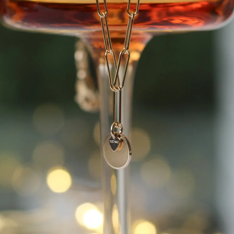 Gold filled paper clip link necklace with mini disc and heart