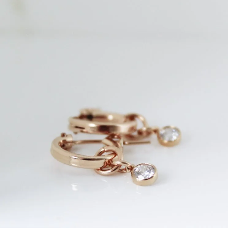 Gold filled hoops with cubic zirconia charms