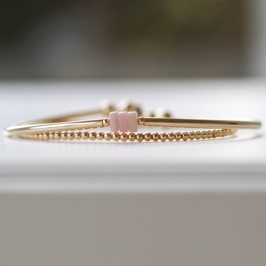 Gold filled double wrap bracelet with Pink Opal rondelles