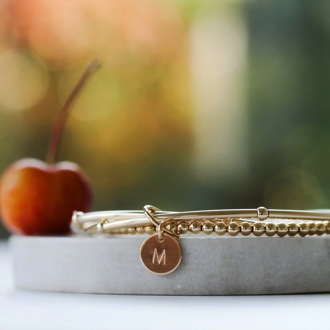 Gold 3 in 1 stacking bracelet with 1 or 2 initial discs