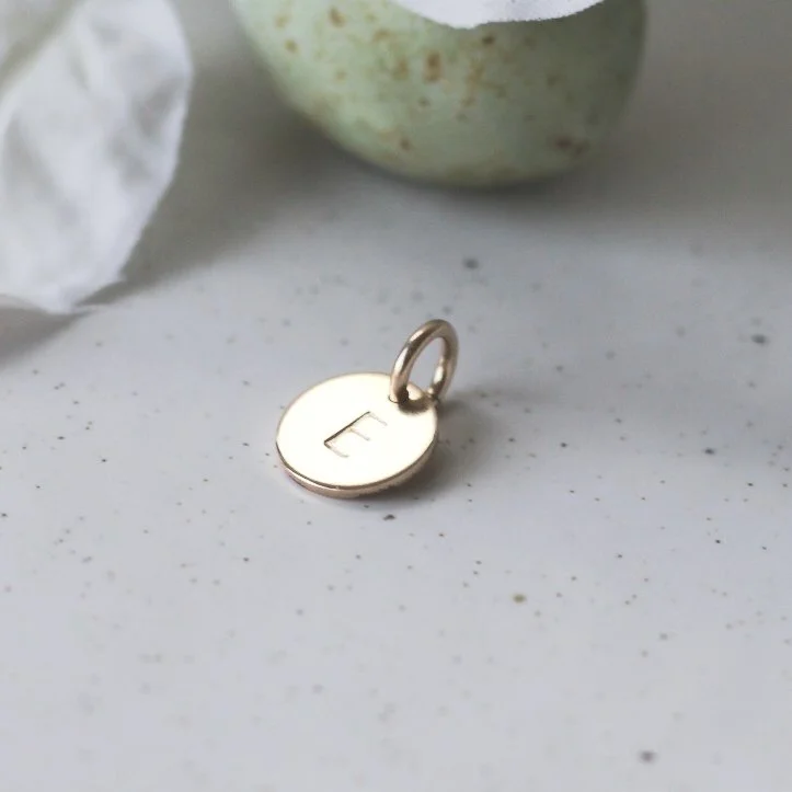 Gold filled mini disc charm with hand stamped initial