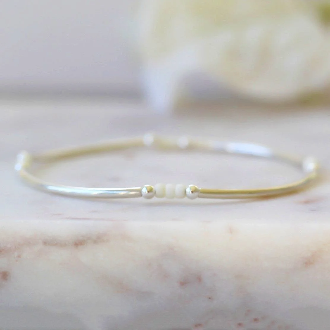 Silver and Chalk White Miyuki stretchy stacking bracelet