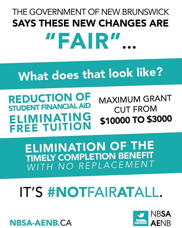 The changes made to student financial aid by the Government of New Brunswick will have a devastating impact on our students' access to an education.
Students across the province are voicing their concerns. Join them by visiting the link in our bio to learn more and send a letter via email to the Minister demanding action.