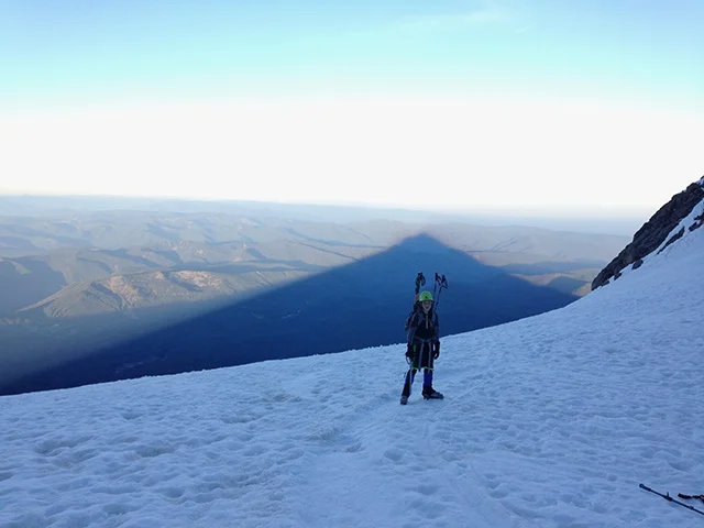 My son Ian and the shadow of Mt. Hood at sunrise, the moment my dad was referring to. I was able to make this journey to Mt. Hood in June, 2015 as a celebration of the completion of my cancer treatment, a way to reconnect with the mountains that had taught me so much in my youth, and to pass on the love of mountaineering to my Ian.