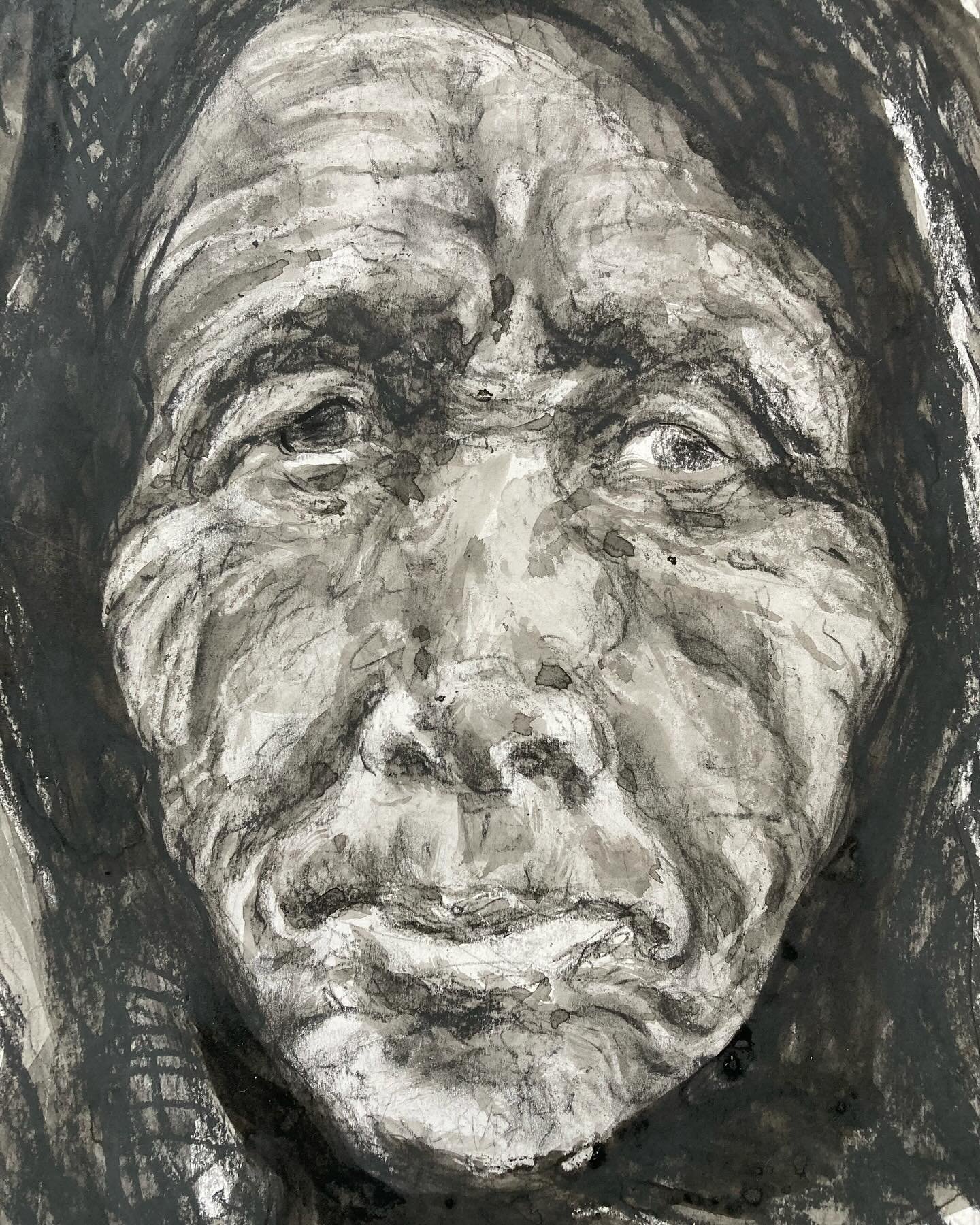 Detail from the &ldquo;Something&rsquo;s Wrong With THe Sky&rdquo; Refugee Portrait and Stories project. Charcoal, ink and candle wax.