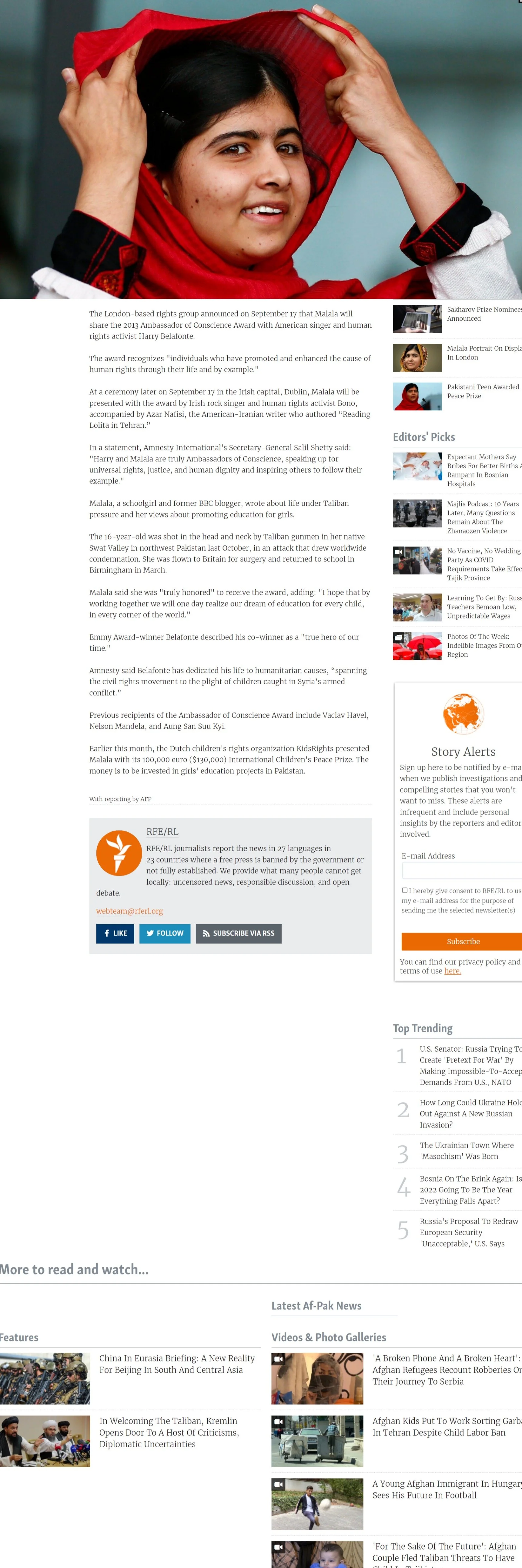 Radio Free Europe : Malala Receives Amnesty International Award