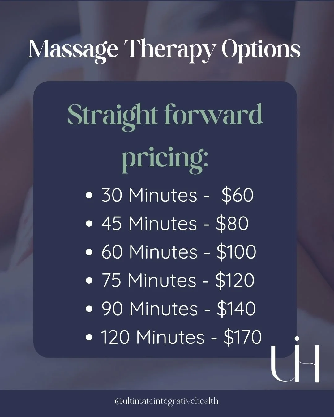 therapeutic massage &amp; bodywork customized to you without guessing if there will be an upcharge at the end.

Community in mind

Straight forward pricing:

30 Minutes - $60
45 Minutes - $80
60 Minutes - $100
75 Minutes - $120
90 Minutes - $140
120 