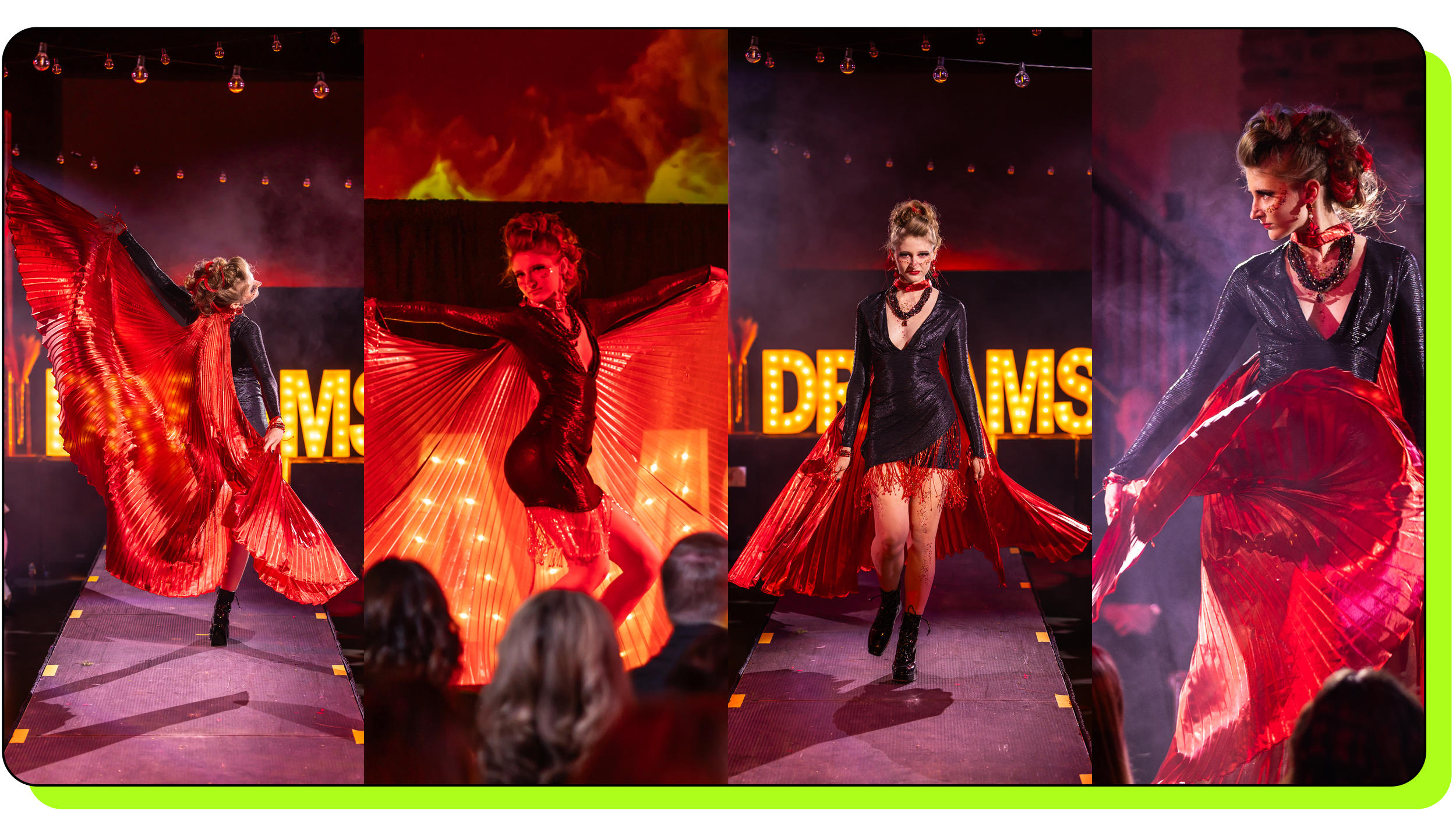 Fashion show model on runway under stage lighting