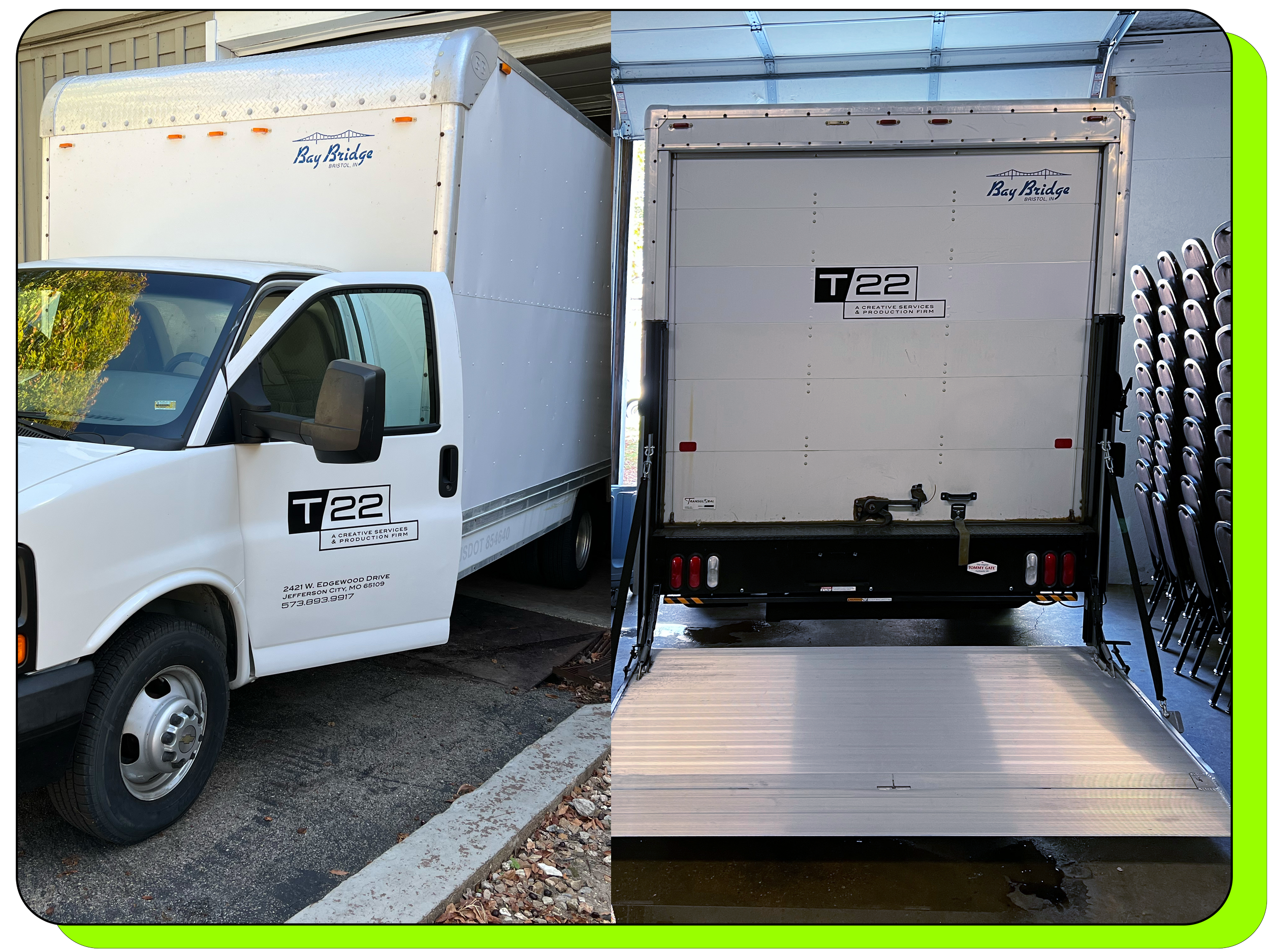 Front view and rear view of an audio visual truck preparing for unloading