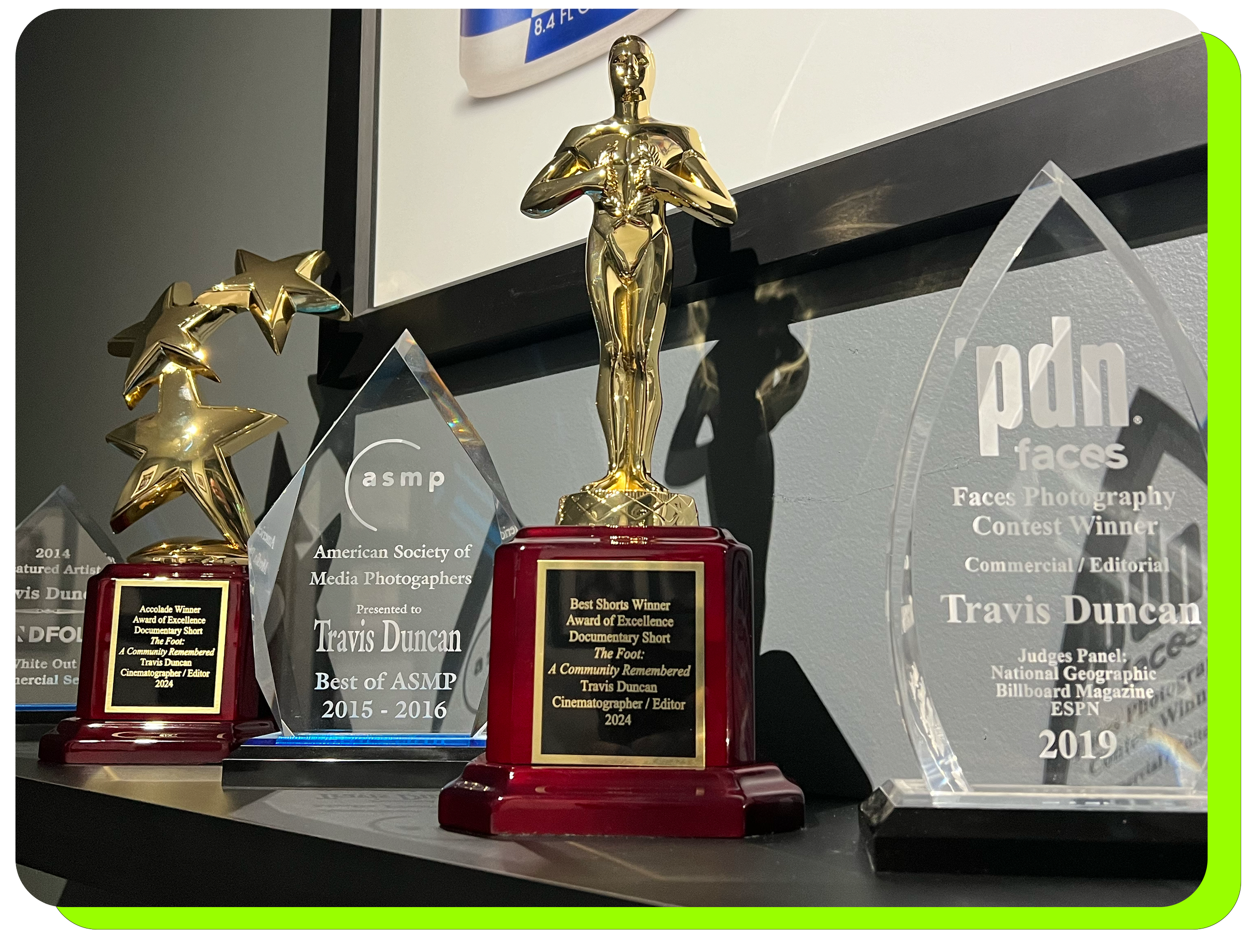 CLEAR acrylic, awards, plaques, and gold, statuette awards sitting on an award shelf