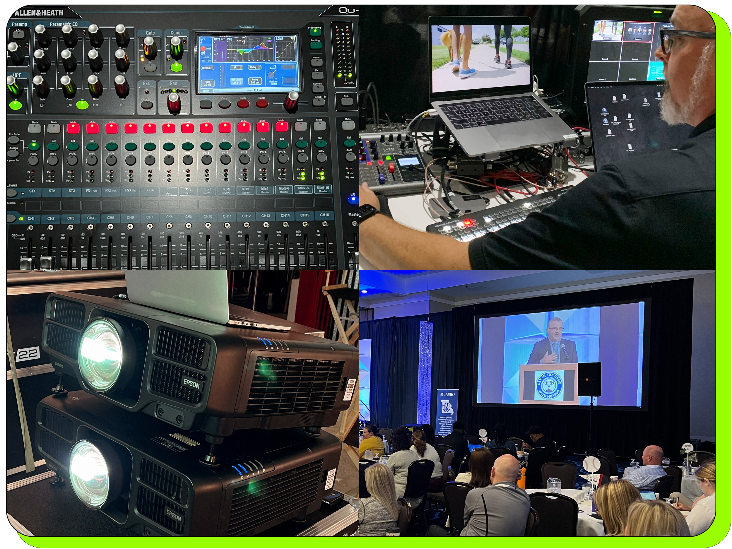 Split screen image showing audio mixing board, technician working, projectors and large screen showing IMAG of keynote speaker