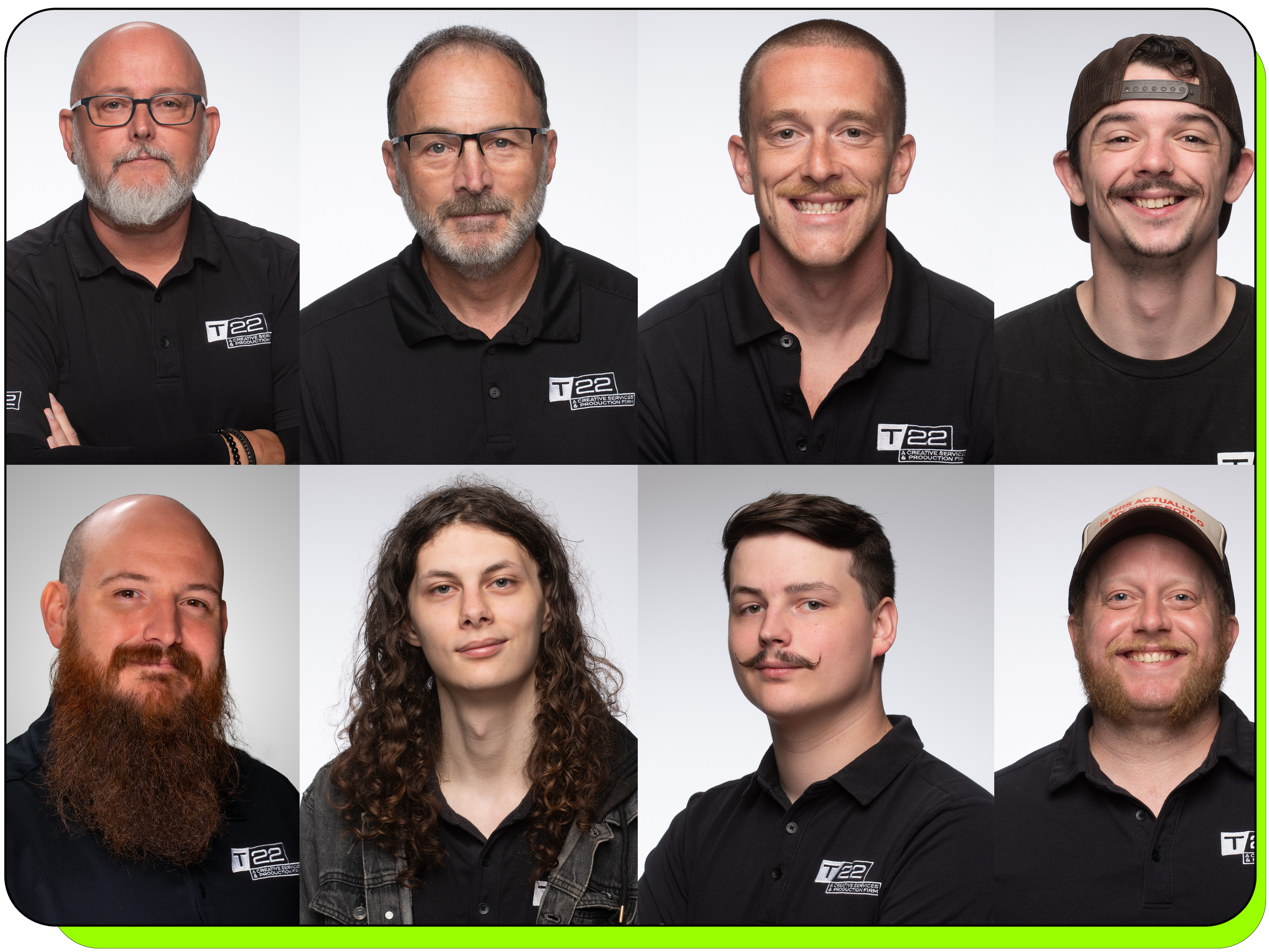 Composite photo of eight team members from T/22