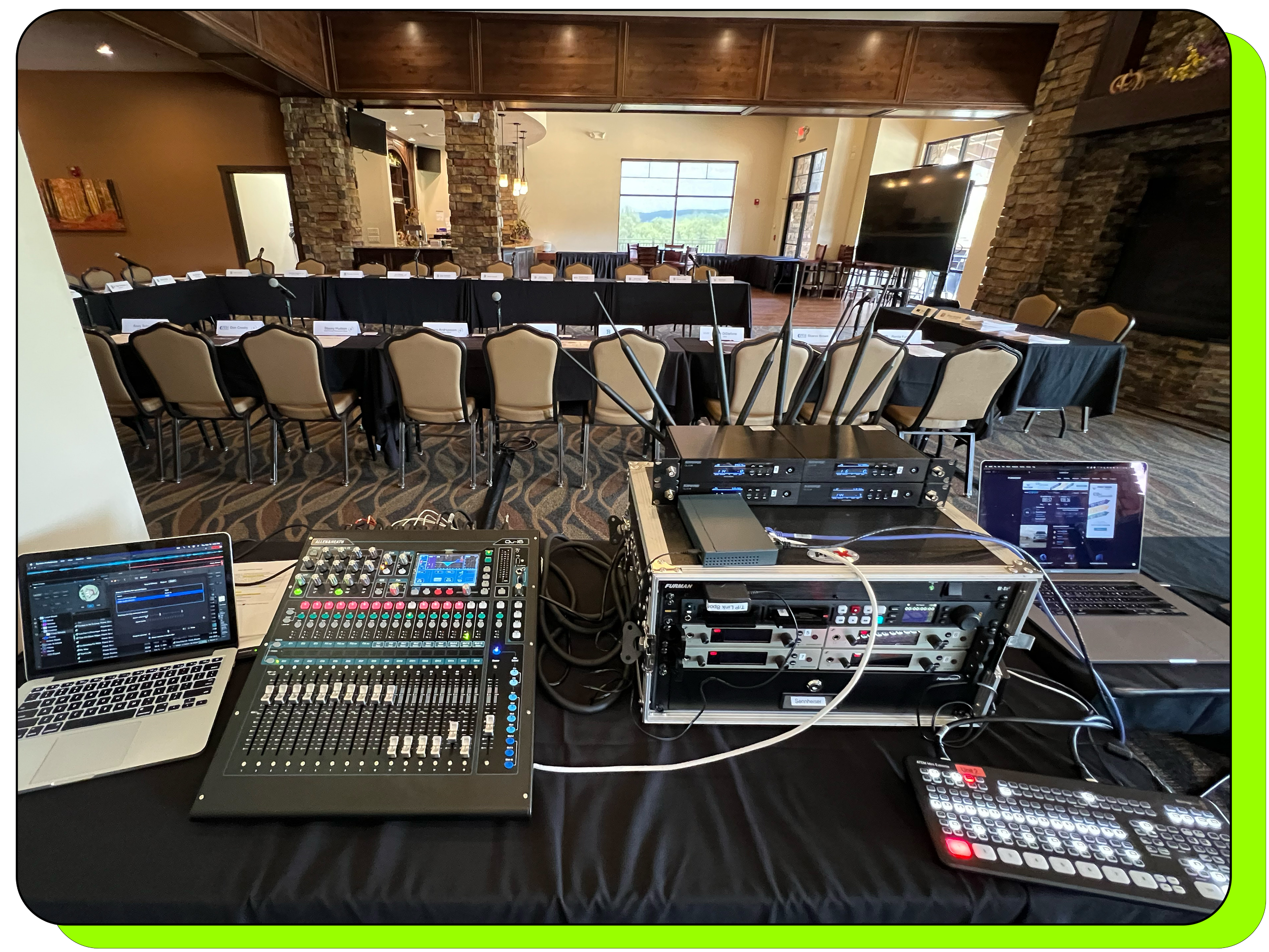 Small audio visual setup showing laptops, audio mixer, video switcher, lots of chairs at The Old Kinderhook Resort Lake of the Ozarks Missouri