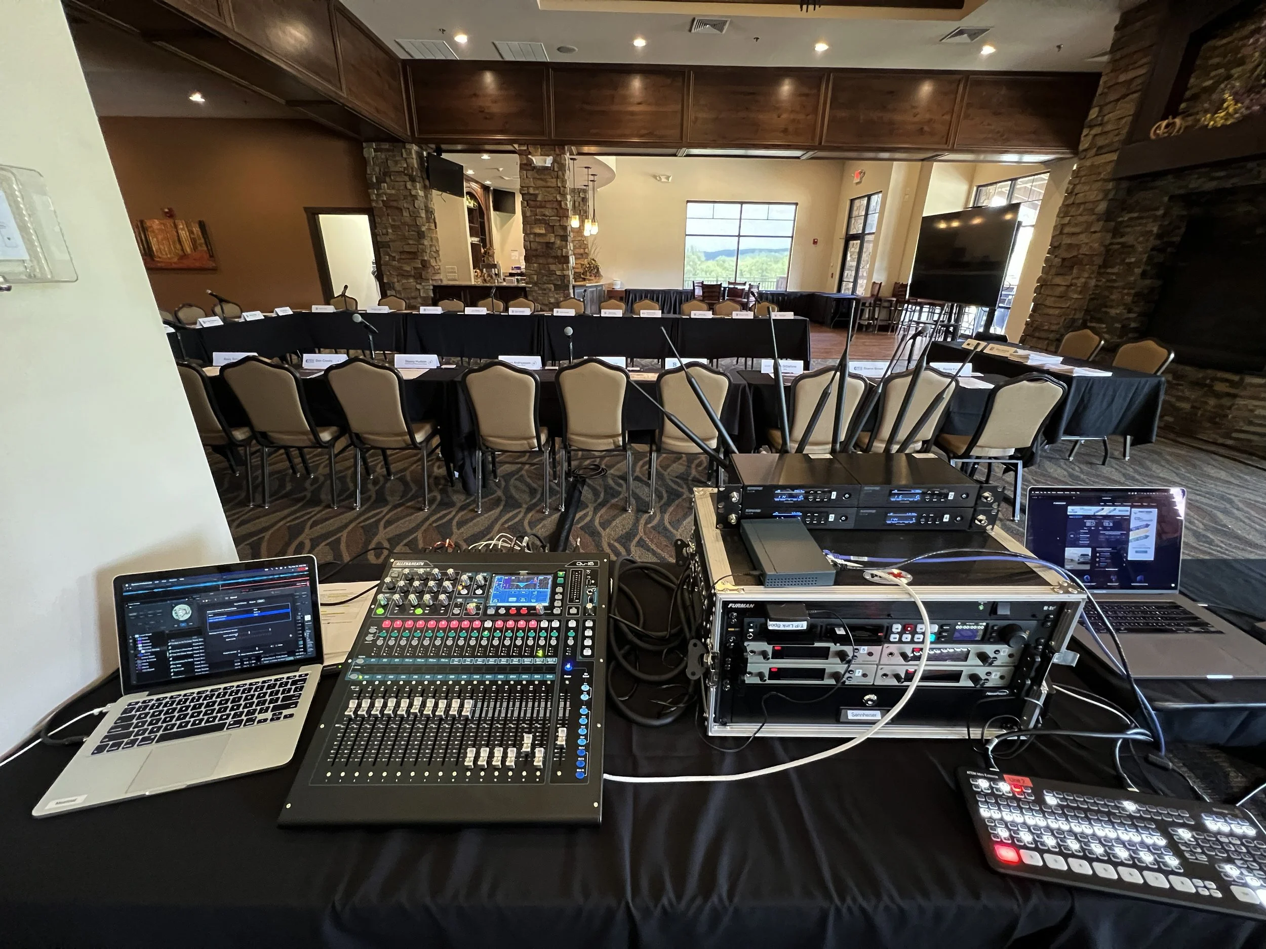 Technical audio visual setup for a breakout room at a resort in Missouri