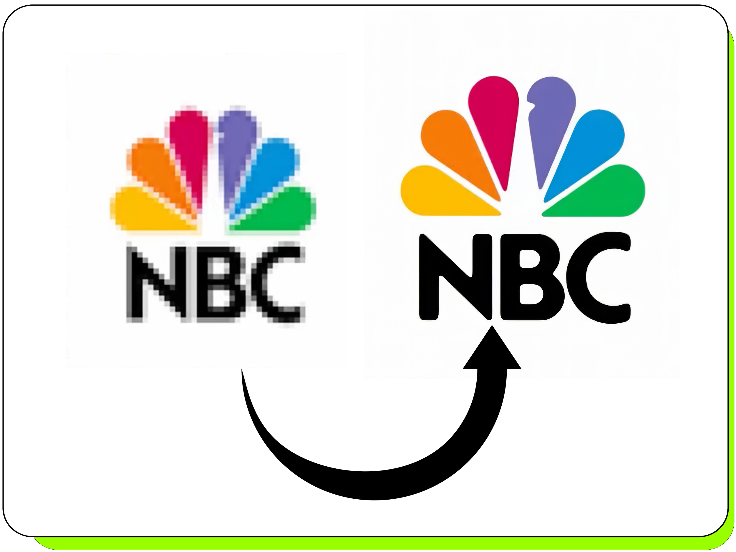 Low resolution NBC logo sitting next to a Higher quality, higher resolution NBC logo with a curved arrow underneath