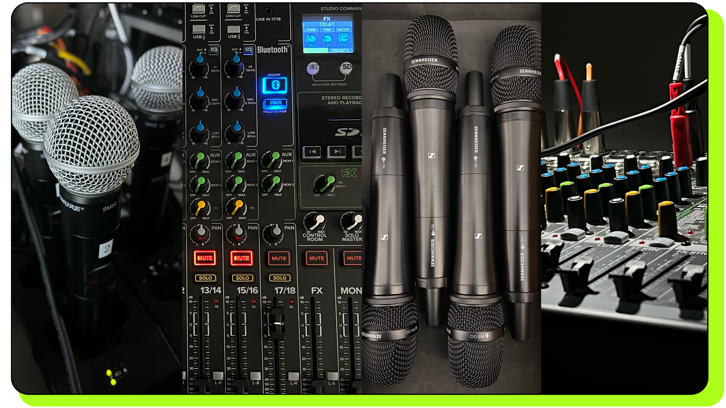 Multi-image layout of audio equipment including wireless microphones and audio mixing desks