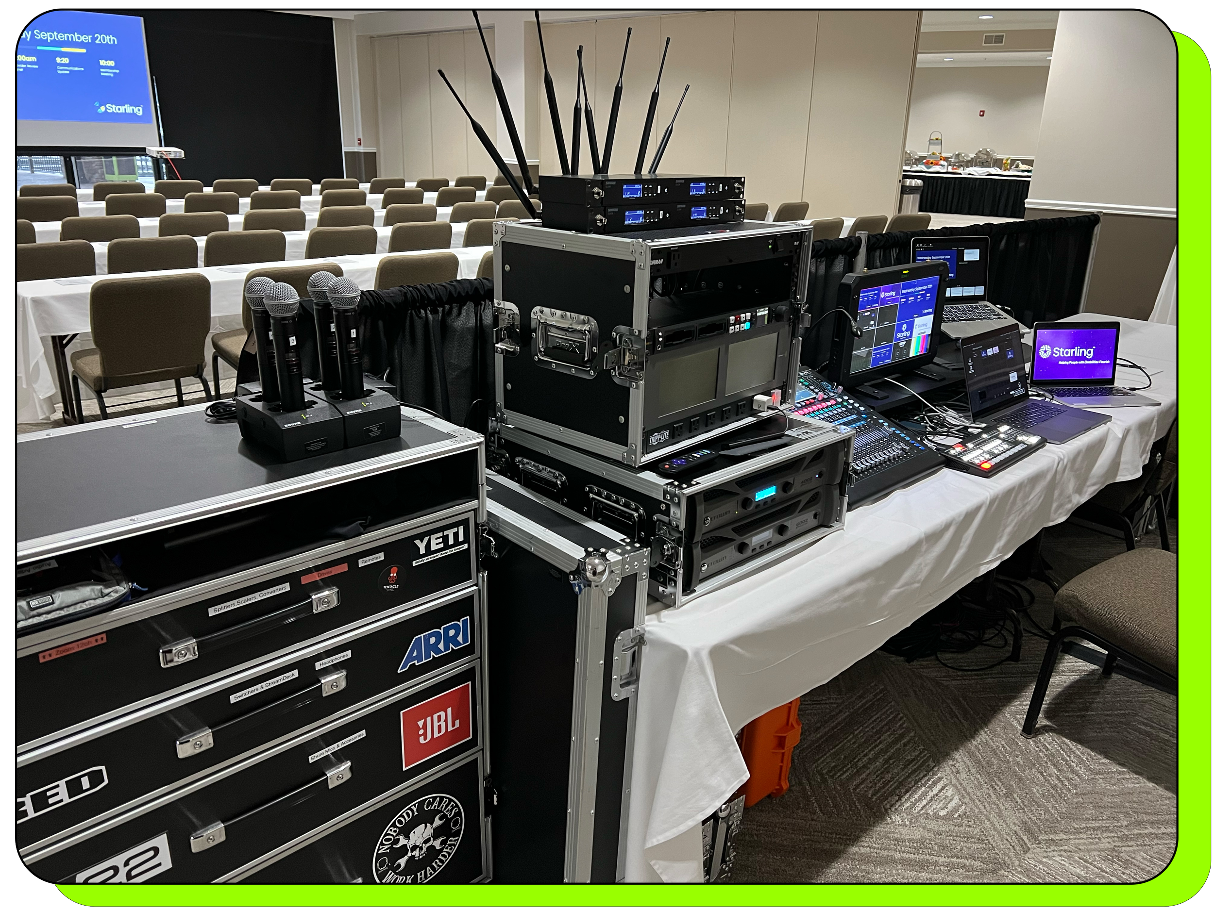 Behind the tech table looking into a small conference room with large screen in the background and an airwall in place at Camden On The Lake Resort Lake of the Ozarks Missouri