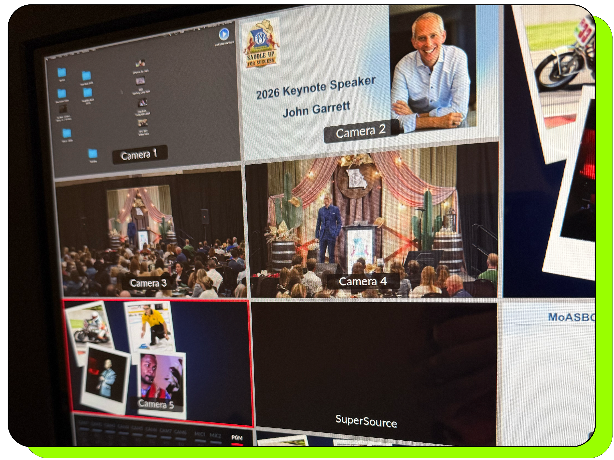 Image of a multi-view monitor showing multiple camera angles of a Keynote speaker along with presentation slides in Missouri