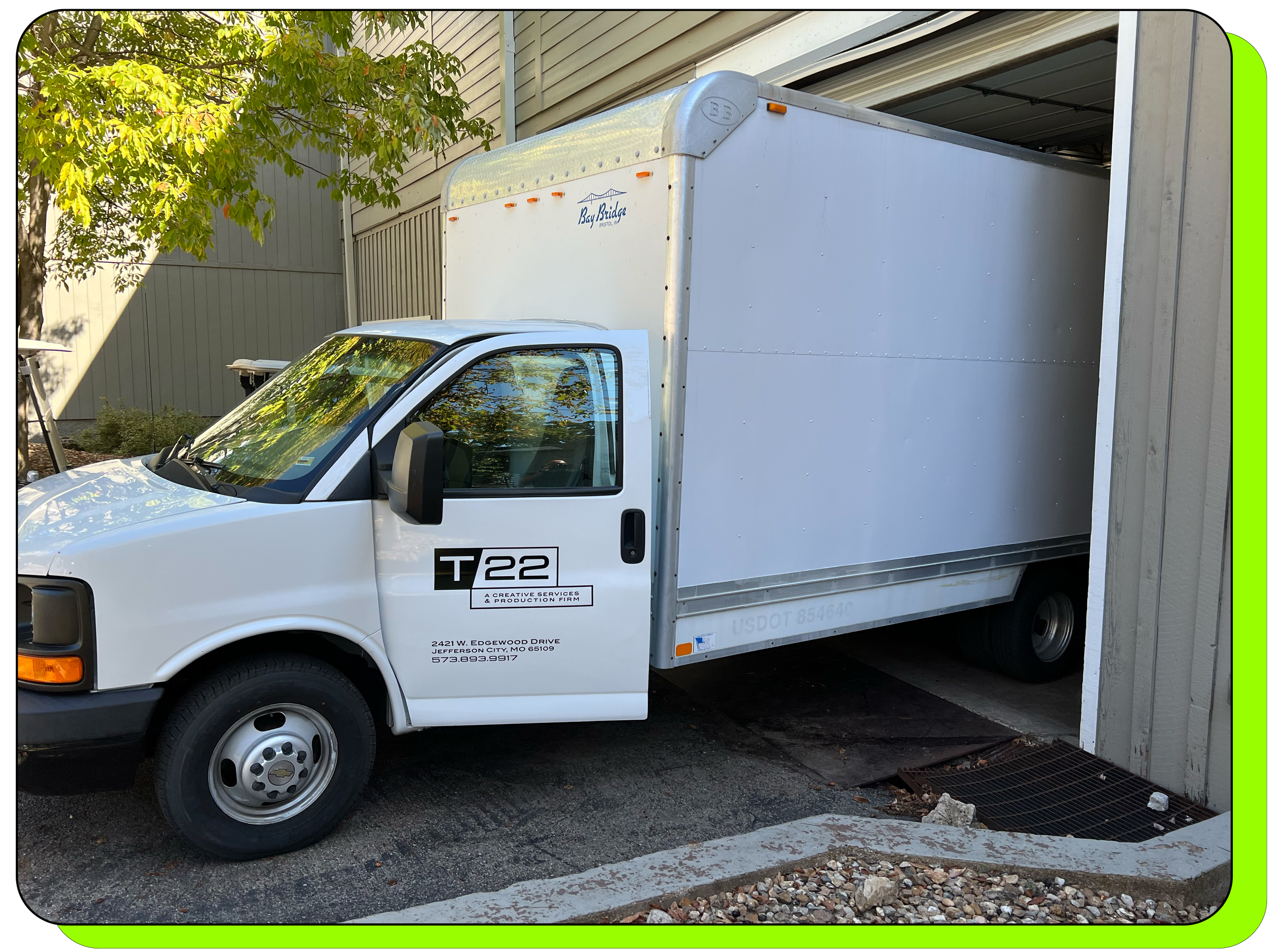 Audio visual box truck backed into a loading area at large resort at Lake of the Ozarks