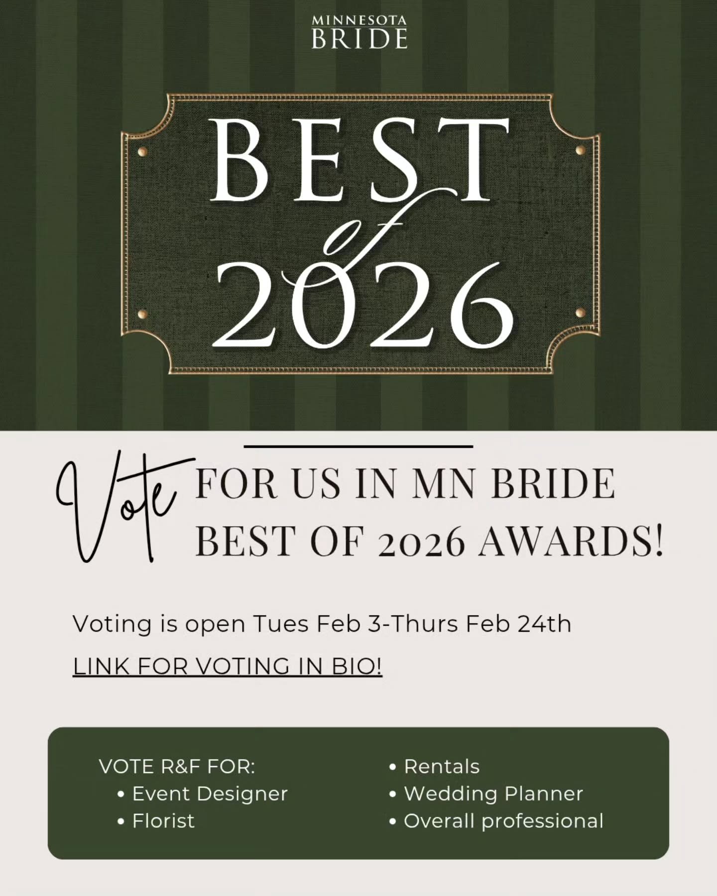 The season of voting is here! Minnesota Bride's Best of 2026 Awards are open, and we'd be so great for ypur support. Thank you for cheering us on year after year! ❤️

Link to vote is in our bio!