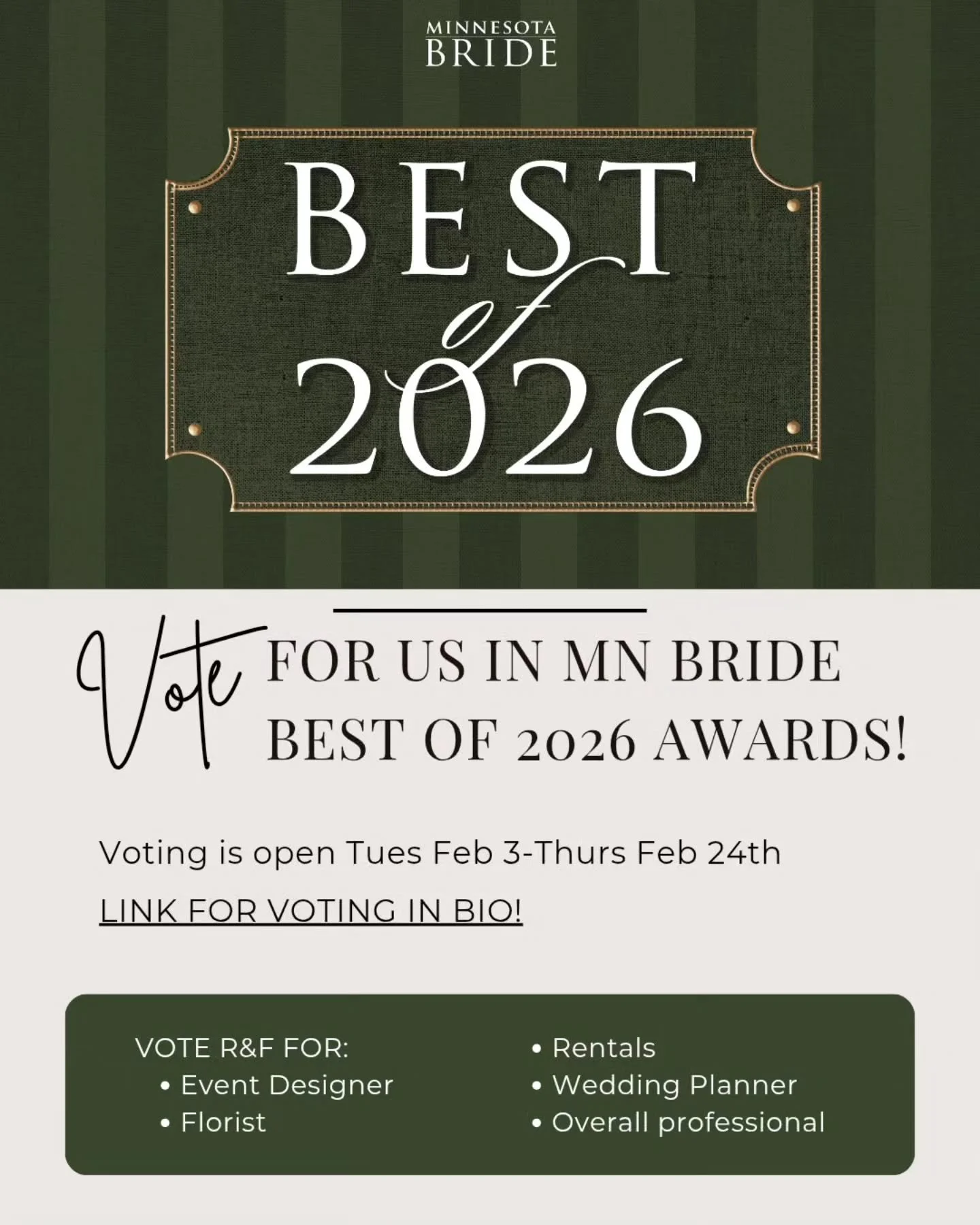 The season of voting is here! Minnesota Bride's Best of 2026 Awards are open, and we'd be so great for your support. Thank you for cheering us on year after year! ❤️

Link to vote is in our bio!