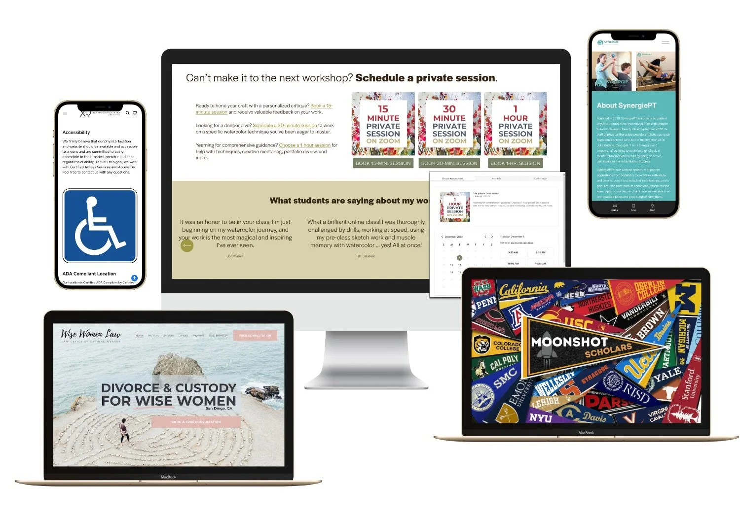 A graphic collage of computer and cellphone screenshots displaying various websites from Deb Javerbaum's website portfolio