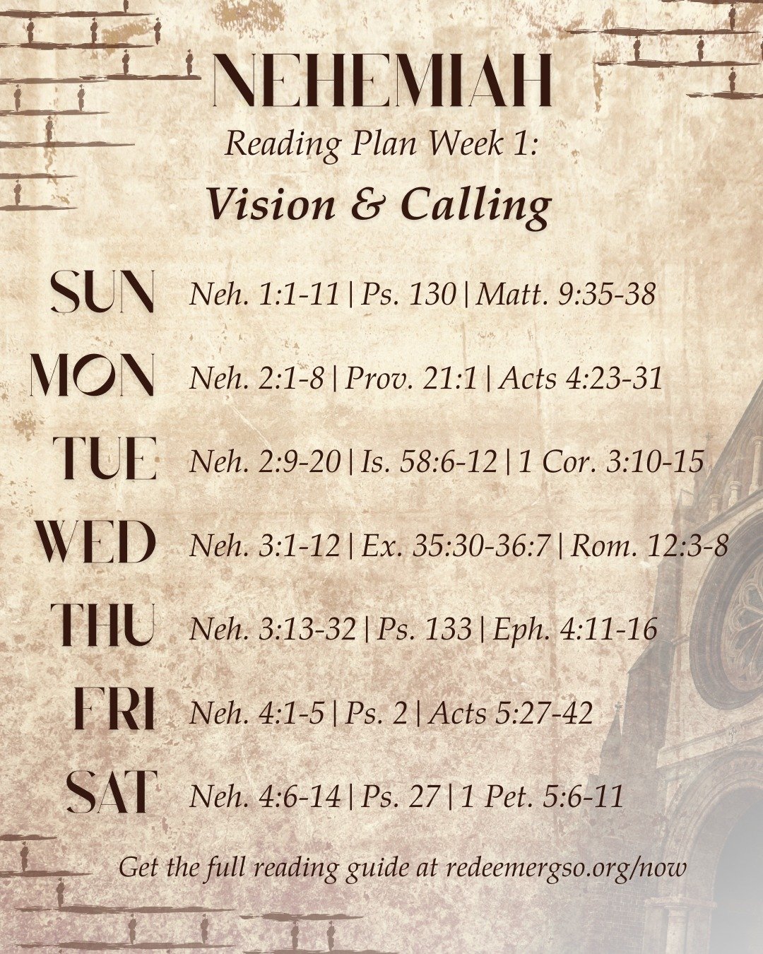 We're a little more than halfway through the first week of the Nehemiah reading plan! How's it going?
If you didn't pick up a reading plan on Sunday, you can download it at redeemergso.org/now. The reading guide also has a reflection question for e