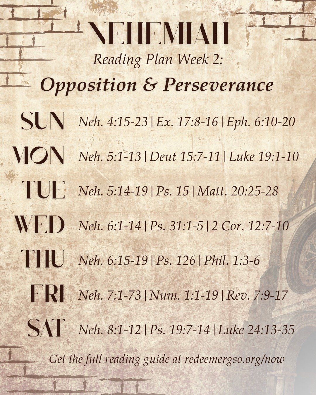 Week 2 of our Nehemiah sermon series and reading plan starts today 🧱
This morning we're excited to have our Youth Director, Jake Portillo preaching on Nehemiah 4!
We'll see you at 10!