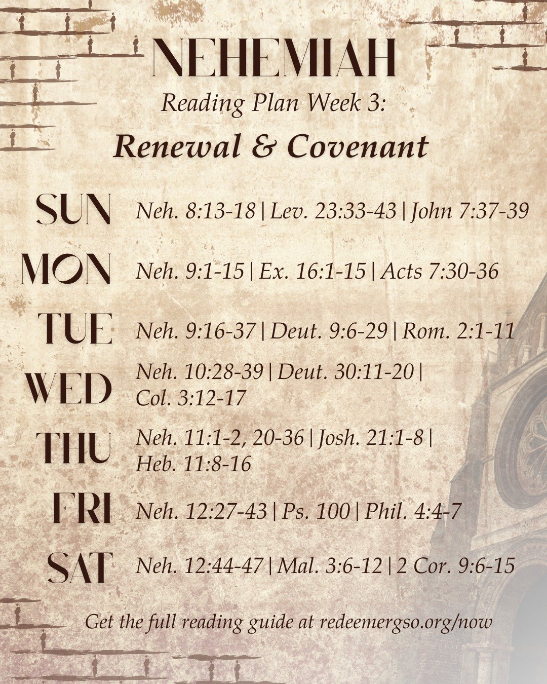 Another week of our Nehemiah series starts today! You can get the full reading guide along with daily reflection questions at redeemergso.org/now.