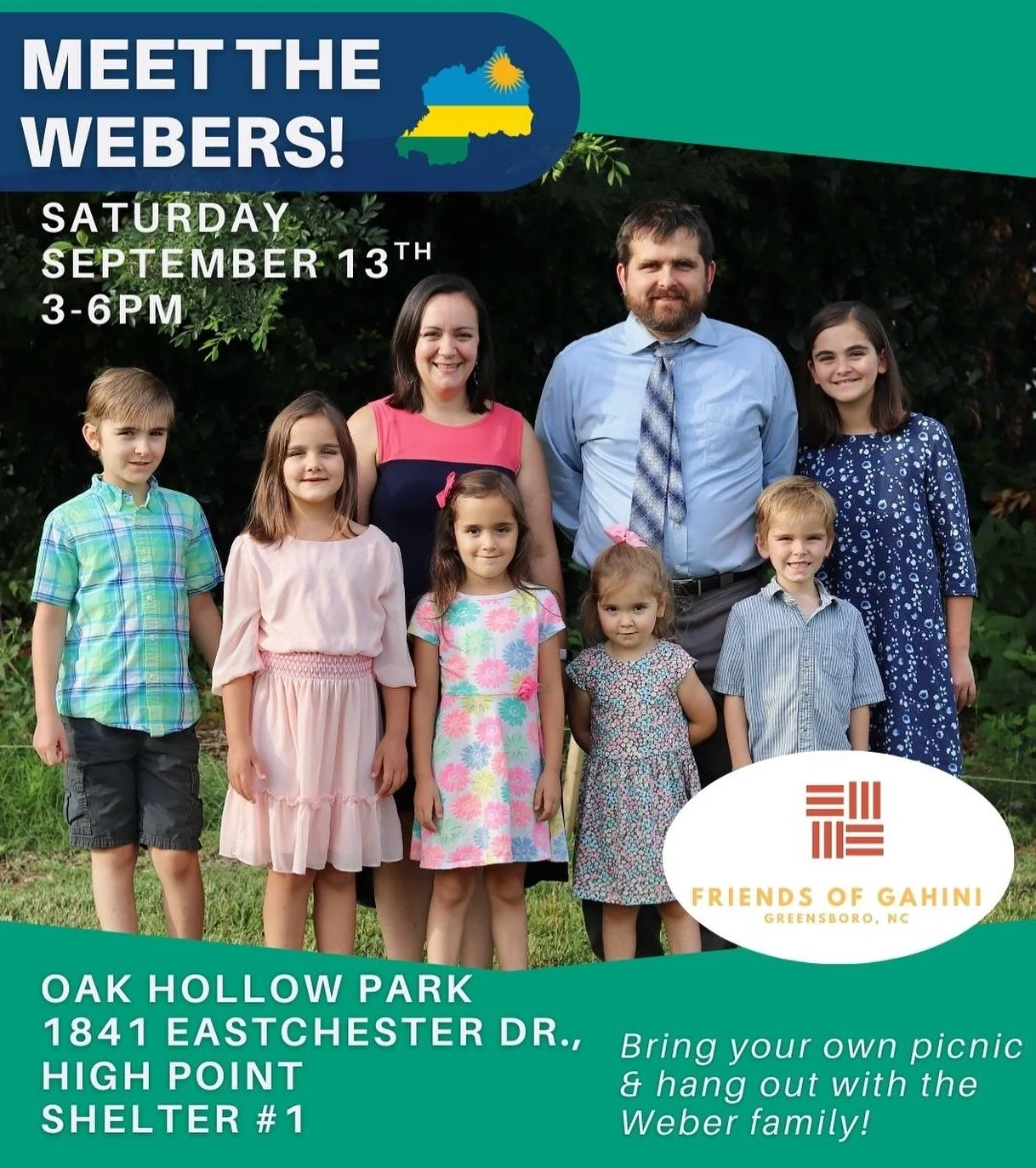 Come hang out with the Weber family tomorrow afternoon (9/13, 3-6pm)! There will be a meet & greet at Oak Hollow Park (Shelter #1) where you can get to know Ben, Cherie & their family & hear about their work with Friends of Gahini (our pa