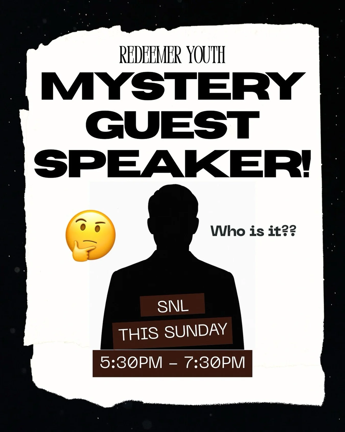 SNL is BACK this Sunday!!!
And we have a mystery guest speaker 😳 You don’t wanna miss it! 
See ya this Sunday, 5:30pm - 7:30pm 🙏
Who do you think the guest speaker is?!?!