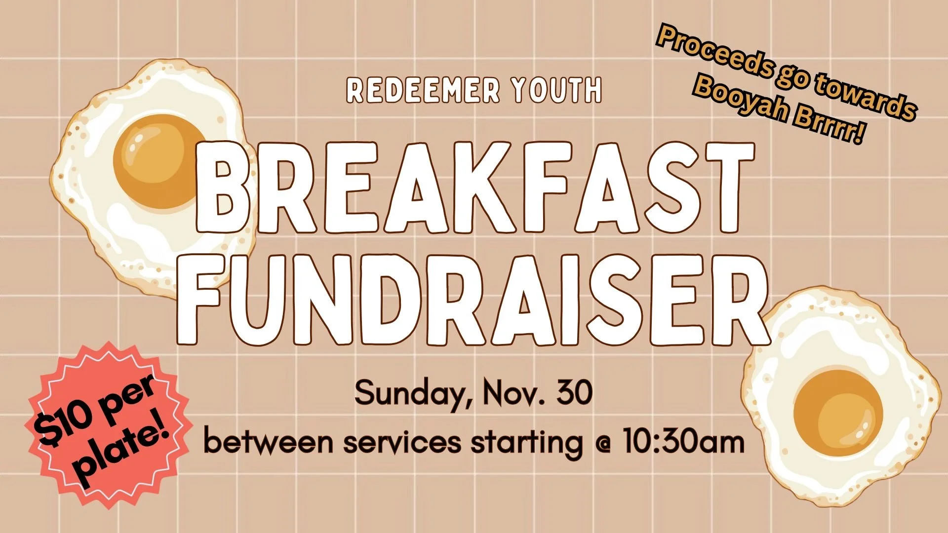 Between services in the Greenhouse this Sunday, November 30th, come and enjoy a HOT breakfast while also helping our @redeemeryouthministry get to their winter retreat at Booyah Brrr! At $10/plate, you're helping students get closer to a weekend full