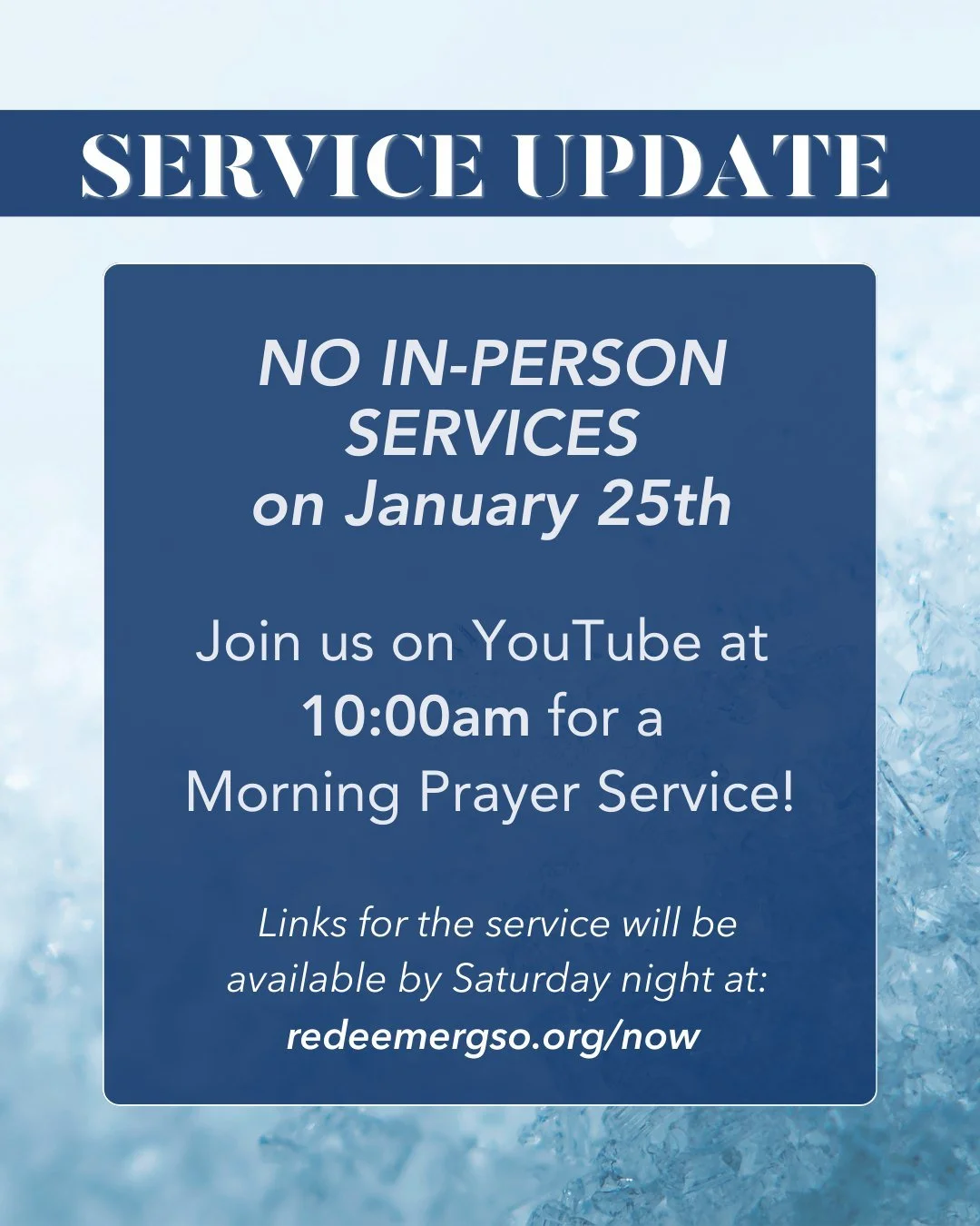 Due to the icy conditions expected this weekend, there will be NO IN-PERSON services on Sunday, January 25th.  Instead, we invite you to join us ONLINE at 10:00am on our YouTube channel for a service of Morning Prayer. Links for the service will be a