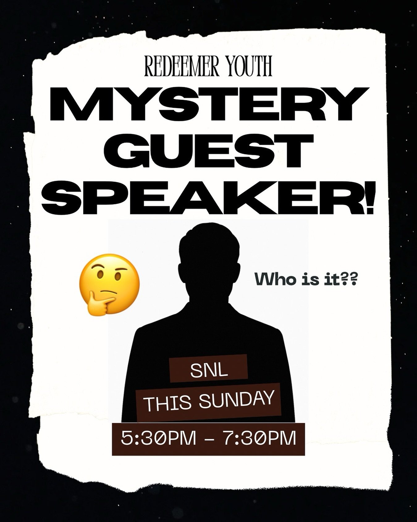 SNL is BACK this Sunday!!!
And we have a mystery guest speaker 😳 You don&rsquo;t wanna miss it! 

See ya this Sunday, 5:30pm - 7:30pm 🙏

Who do you think the guest speaker is?!?!