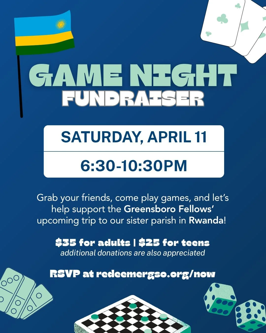The @greensborofellows are less than 1️⃣ month away from their Vision Trip to our sister parish in Rwanda 🇷🇼 

Help us send them off well by joining us for 🎲GAME NIGHT🎲 on Saturday, April 11th to help raise money towards their trip (we're hoping 