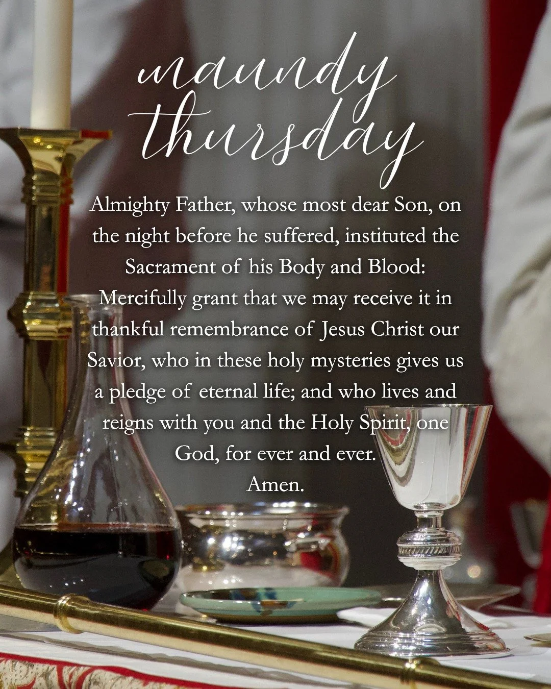 On Maundy Thursday, Jesus gathered with his disciples to share the Passover meal. Knowing what will soon come, he gives his final instructions to them: love one another and share in this meal of my body (the bread) and blood (the wine), thus institut