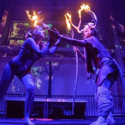 Mike Shane captures an intimate moment between Buck and Fawn in Flambeaux Fires&rsquo; &lsquo;Garden of Eden&rsquo; show for Babel at Duggall Greenhouse. With @charliecharrzardoz and @jrubyhoops