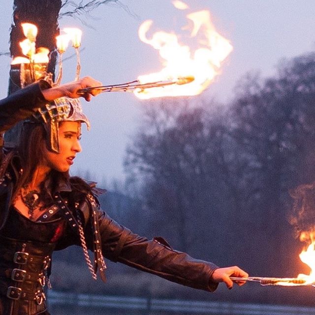 Demi Fyrce in a Flambeaux Fire helmet #FirePerformer #youarebeingcalled #flambeauxcouture