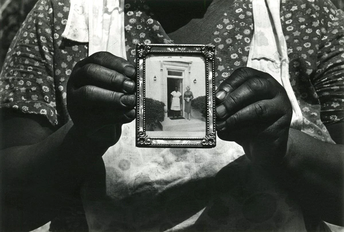 Rosa, maid to Mrs. RJ Reynolds, Snapshot in Gold Frame at the front door of the Reynolds mansion, Sapelo Island, Georgia 1968, Lawson Little