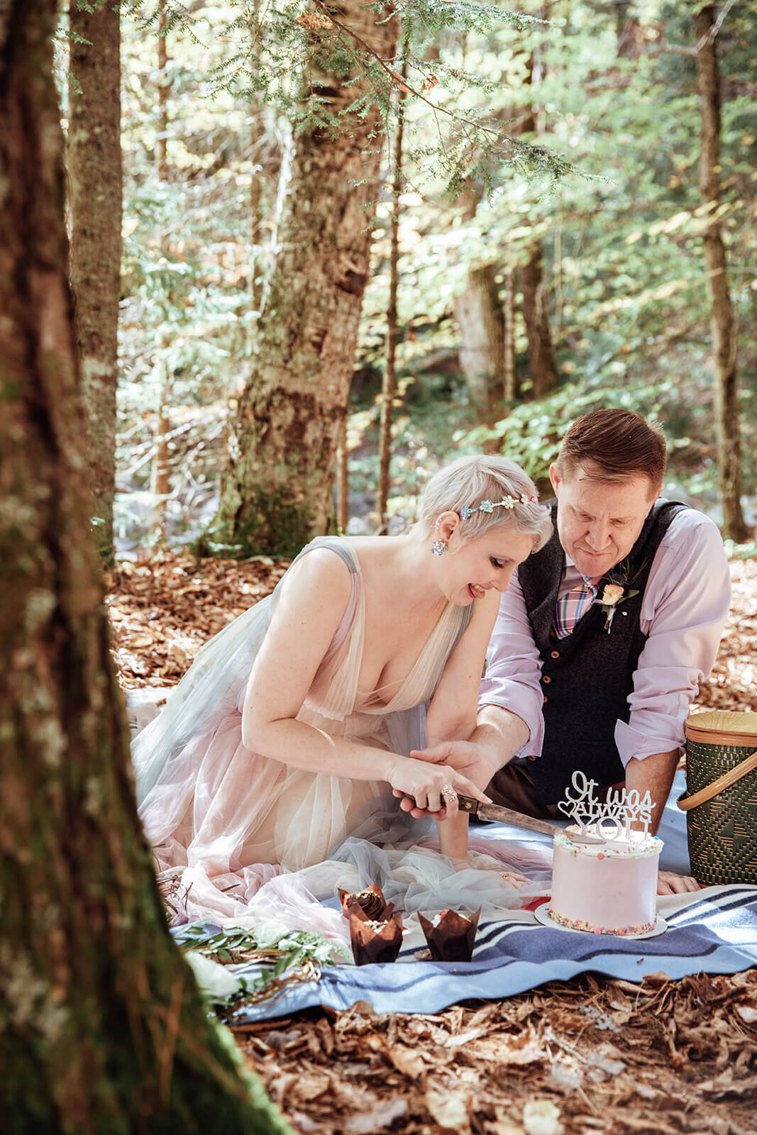  Bride and groom cut the cake at their picnic after a Vermont elopement 
