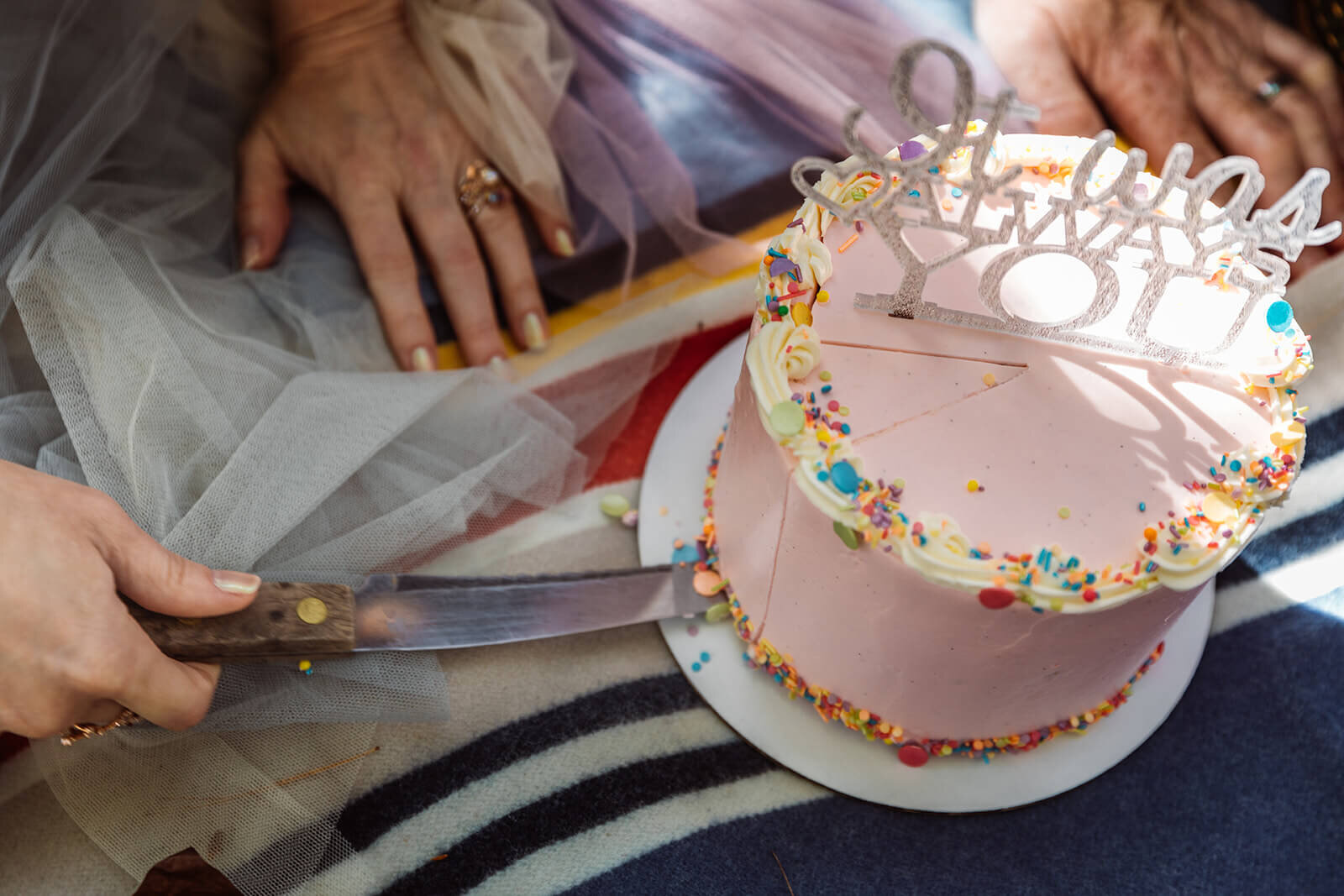  Eloping couple cut the cake at their picnic after a Vermont elopement. Sign on cake says “It was always you” 