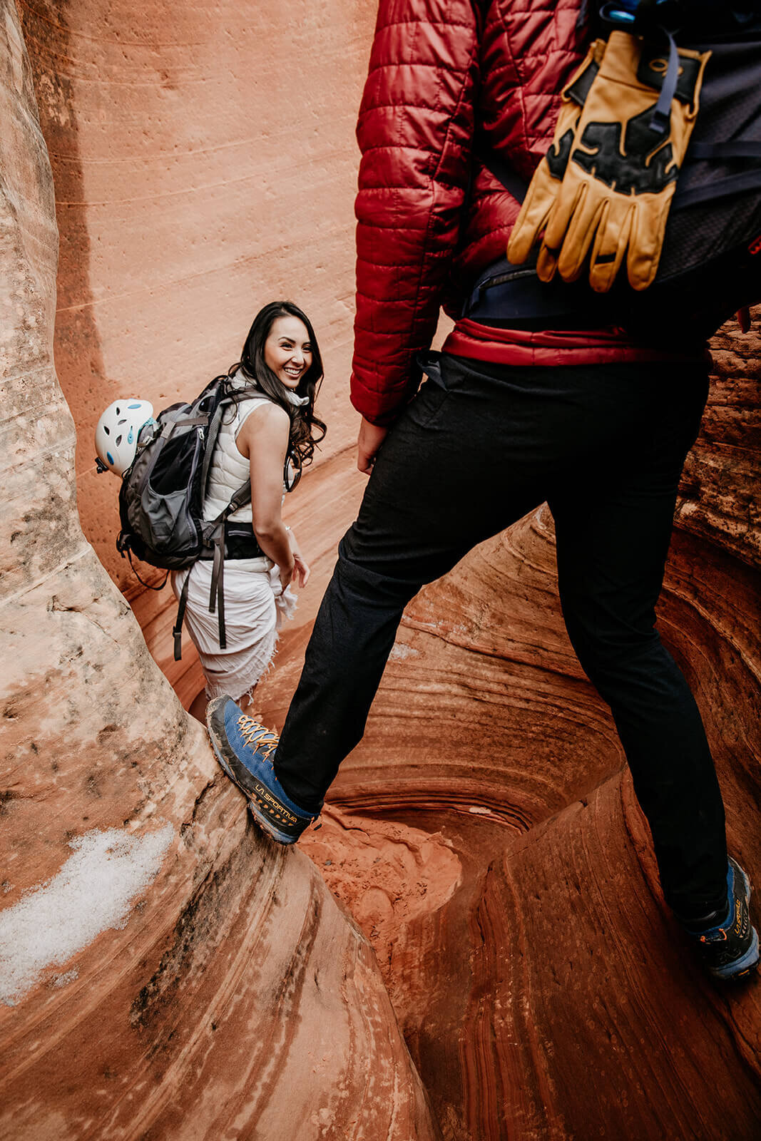  Eloping couple explore canyon outside of Zion National Park. Zion National Park elopement photographer 